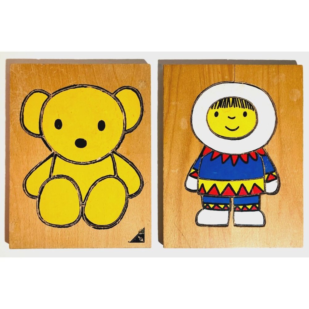 Ravensburger Wooden Jigsaw Puzzles 8-Piece (2) Teddy Bear & Eskimo Vintage 1970s